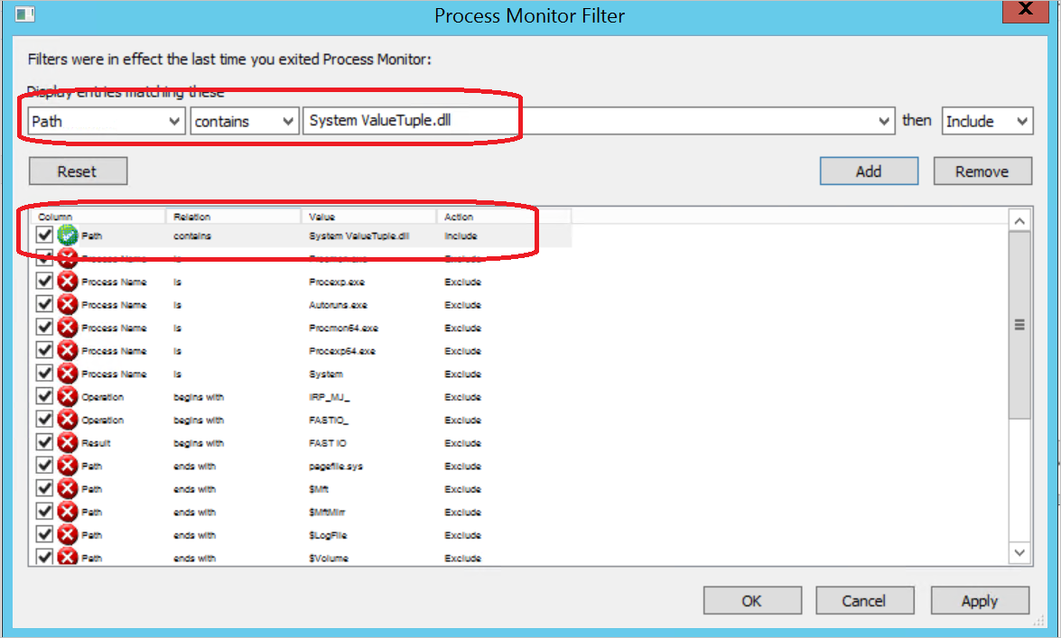 Captura de pantalla de la página "Filtro del monitor de procesos", en la que se enumeran los filtros de la DLL.