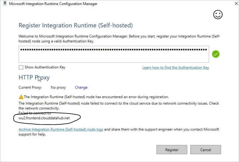 Captura de pantalla del mensaje "El nodo de Integration Runtime (autohospedado) ha encontrado un error durante el registro".