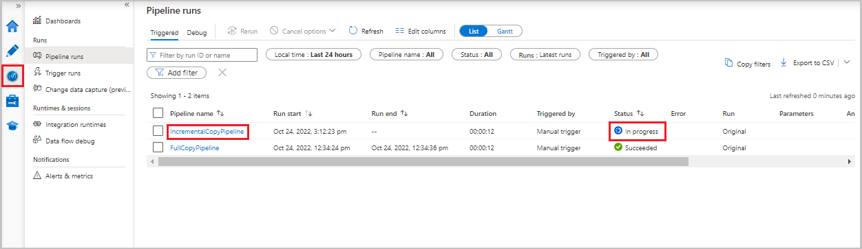 Screenshot shows pipeline runs for a data factory including your pipeline.