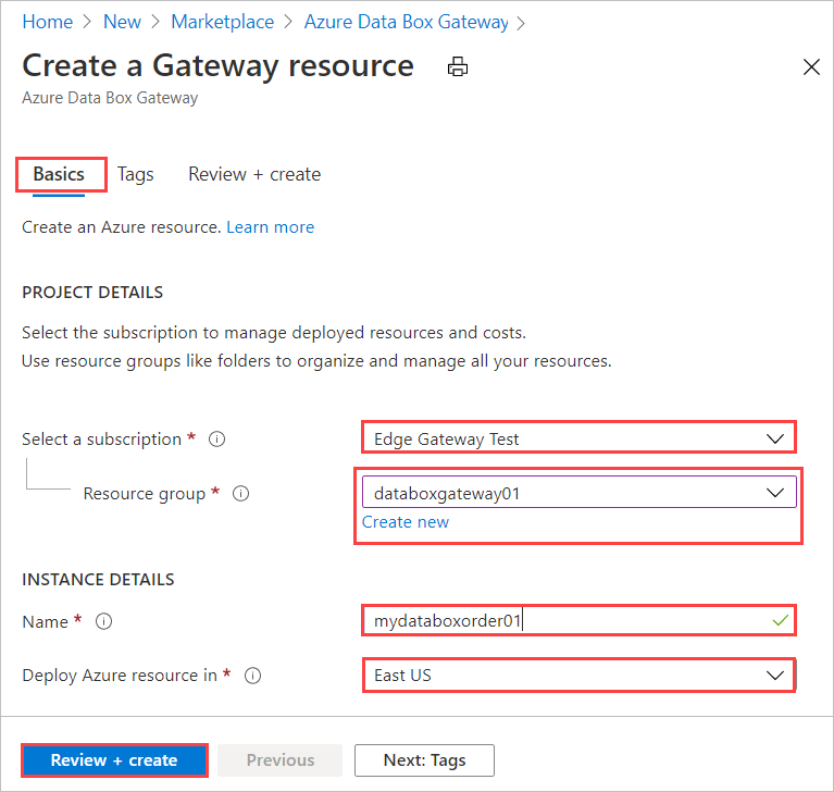 Project and instance detail entry for a Data Box Gateway order