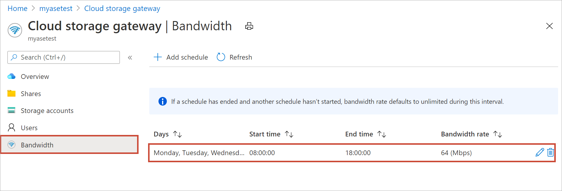 Updated list of bandwidth schedules