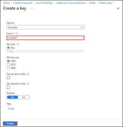 Captura de pantalla de la opción Crear clave.