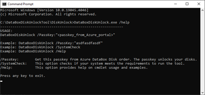 Captura de pantalla que muestra la salida del comando de ayuda de la herramienta de desbloqueo de Data Box.