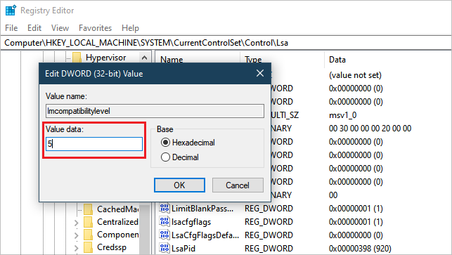 Screenshot of dialog box used to change LmcompatibilityLevel key in the registry. The Value Data field is highlighted.