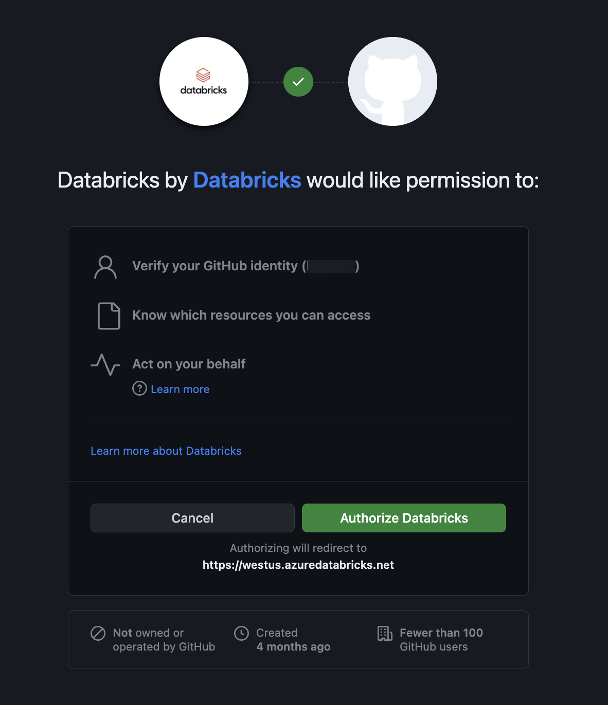 Página de autorización de aplicaciones de GitHub de Databricks