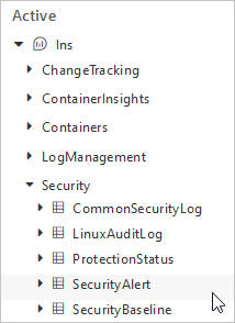 Captura de pantalla que muestra la tabla SecurityAlert en Log Analytics.