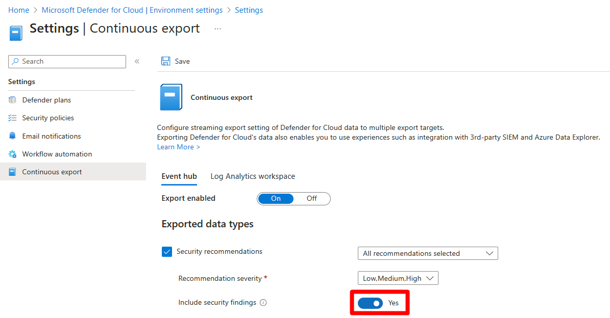 Captura de pantalla que muestra Incluir la alternancia de los resultados de seguridad en la configuración de la exportación continua.