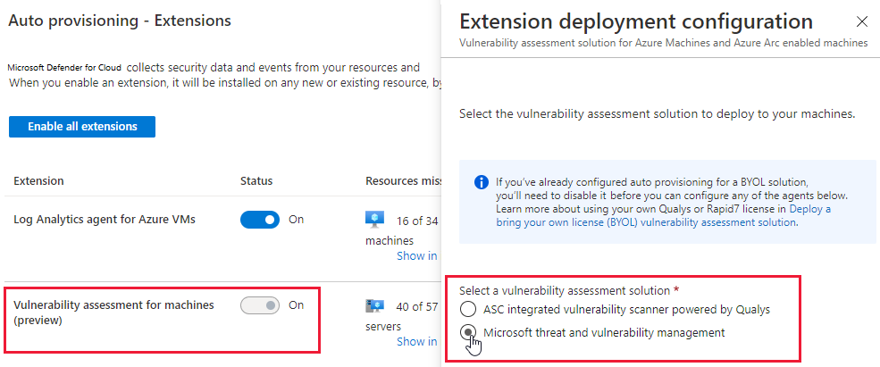 Configure el aprovisionamiento automático de la Administración de amenazas y vulnerabilidades de Microsoft desde Azure Security Center.