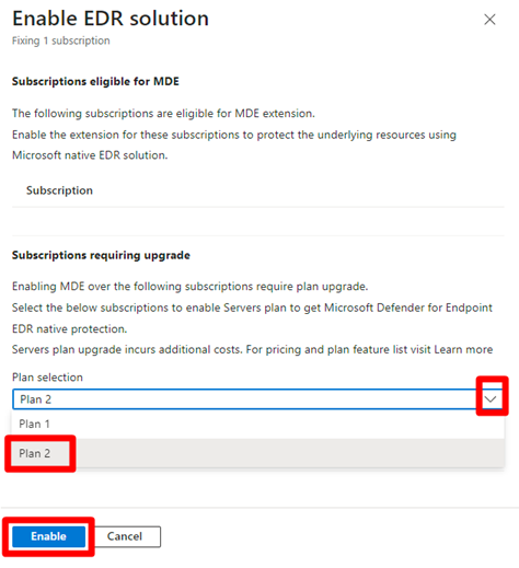 Captura de pantalla que muestra la ventana emergente que le permite seleccionar qué plan de Microsoft Defender para servidores va a habilitar en la suscripción.