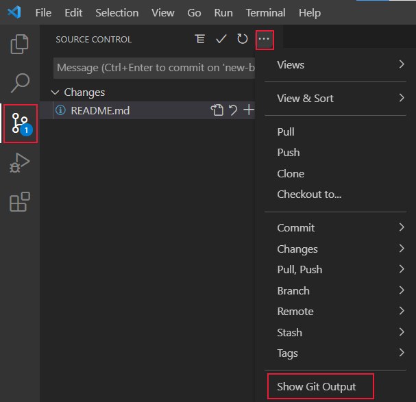 Control de código fuente de Visual Studio Code, con la selección Mostrar salida de GIT resaltada.