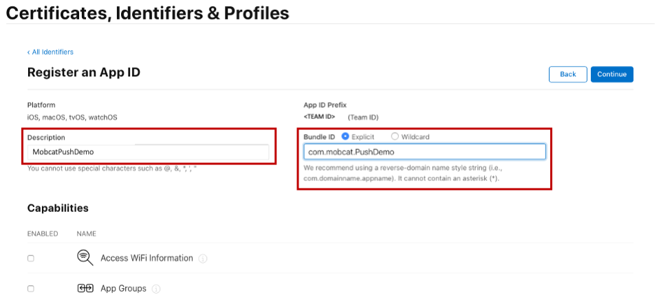 Página registro del identificador de aplicación del portal de aprovisionamiento de iOS