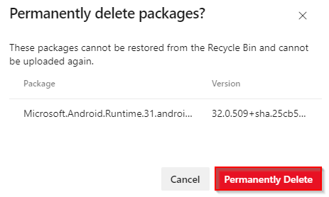 Captura de pantalla que muestra un mensaje de confirmación antes de eliminar un paquete de forma permanente.