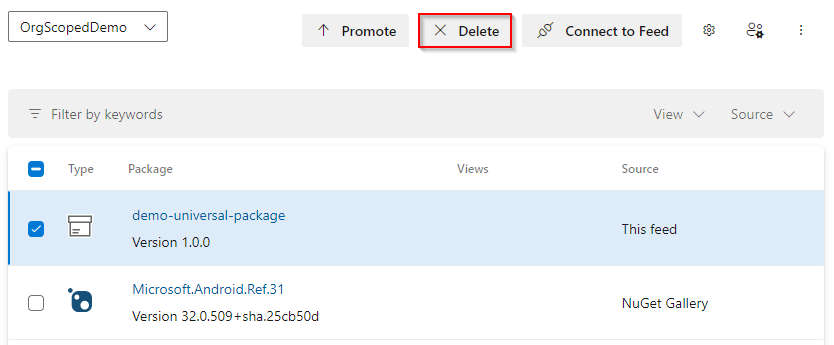 Captura de pantalla que muestra cómo eliminar un paquete universal.
