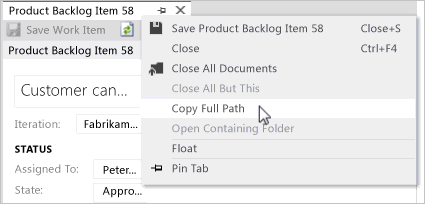 Captura de pantalla que muestra el hipervínculo de copiar ruta de acceso completa para un elemento de trabajo desde Visual Studio.