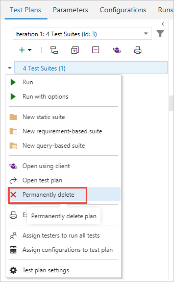 Delete test plans and artifacts from Test pages