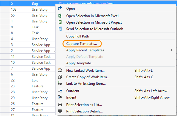 Captura de pantalla de Capturar definiciones de campos de elementos de trabajo como plantilla en Visual Studio con Power Tools instalado.