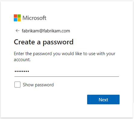 Create password dialog for Azure DevOps with valid email address.