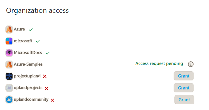 Captura de pantalla de Acceso a la organización con organizaciones sin acceso.