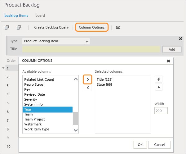 Column options dialog, Add Tags to the selected columns to display, TFS-2015 and earlier versions.