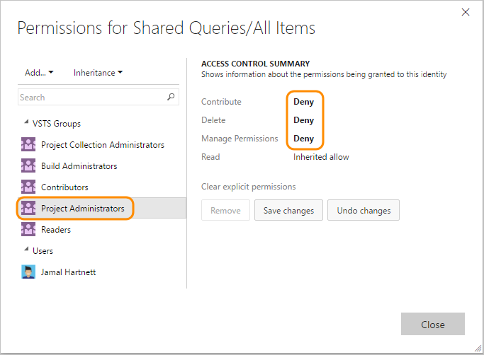 Permissions dialog for a query, TFS 2018 and earlier versions