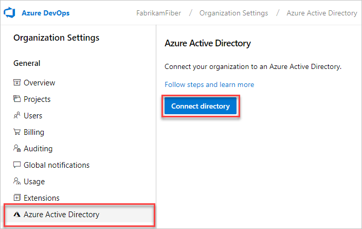 Select Connect directory to connect your organization to Azure AD