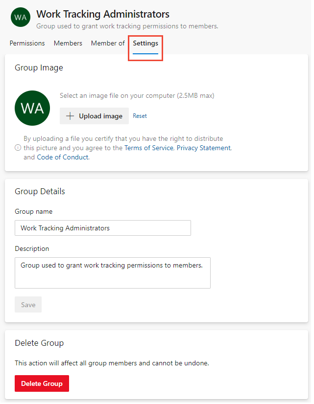 Captura de pantalla de la página Abrir configuración de grupo, vista previa.