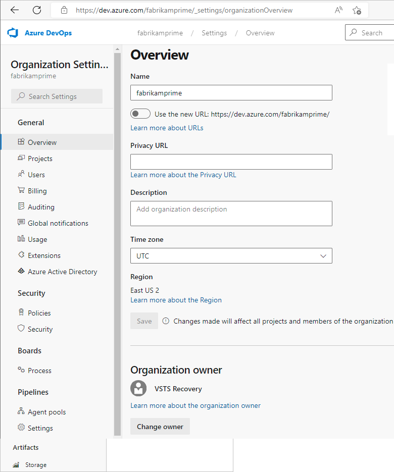 Captura de pantalla de las opciones de configuración de la organización, nube.