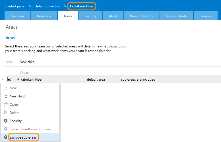 Screenshot of the Web portal, Admin context, default project, Exclude work items defined in sub-area paths