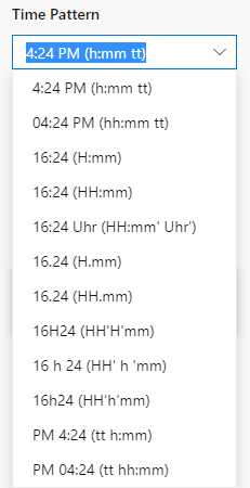 Captura de pantalla de las opciones desplegables de Patrón de hora en el panel Hora y configuración regional.