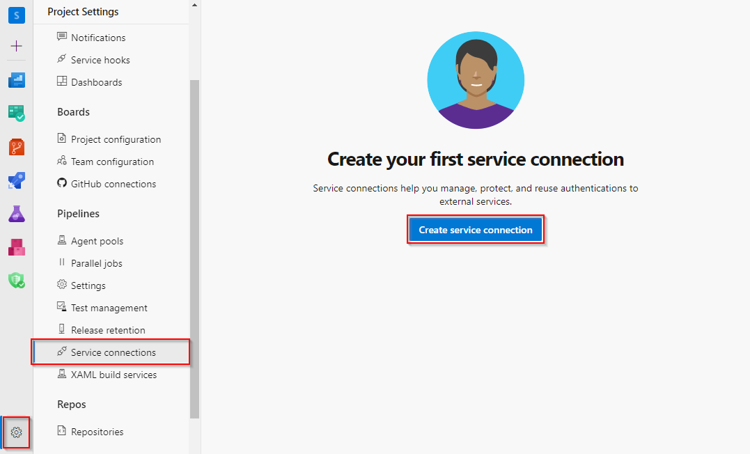 Captura de pantalla que muestra cómo crear una conexión de servicio