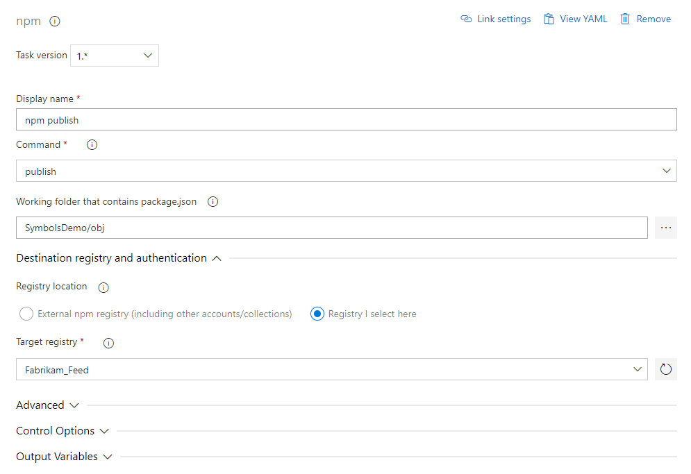 Captura de pantalla que muestra cómo configurar la tarea de publicación de npm.