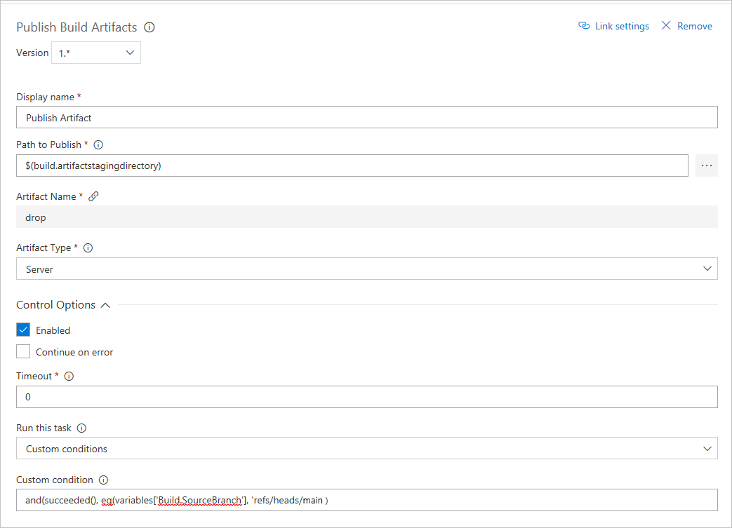 Captura de pantalla que muestra cómo agregar una condición personalizada a la tarea de publicar artefactos de compilación.