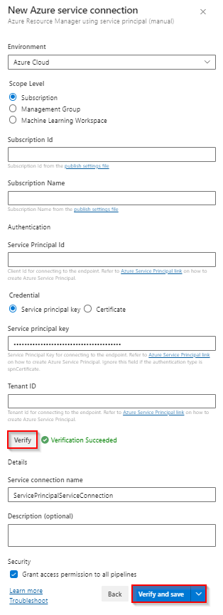 Captura de pantalla que muestra cómo crear una nueva conexión del servicio Azure Resource Manager utilizando la entidad de servicio.