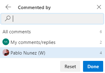 Filter to comments left by a specific person.