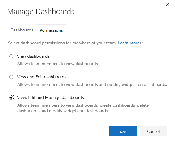 Manage dashboards - permissions dialog, 2017.1