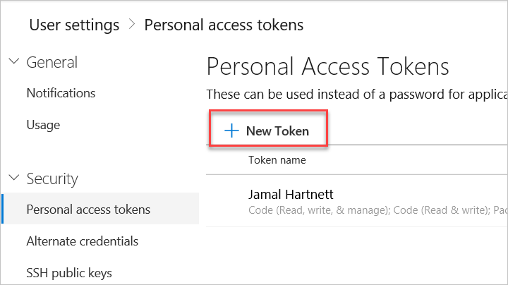 Captura de pantalla de la creación de un token de acceso personal en Azure DevOps Server.
