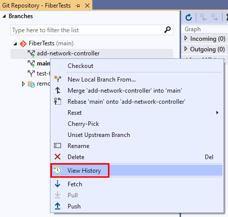 Captura de pantalla de la opción Ver historial en la vista Ramas de la ventana Repositorio Git en Visual Studio.
