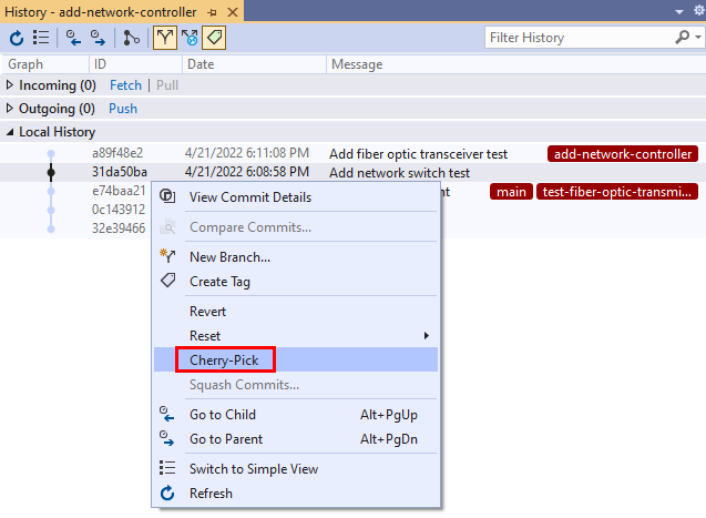 Captura de pantalla de la opción Cherry-Pick en el menú contextual de confirmación de la pestaña Historial de Visual Studio 2019.