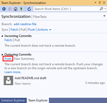Captura de pantalla del vínculo Enviar cambios en la vista Sincronización de Team Explorer en Visual Studio 2019
