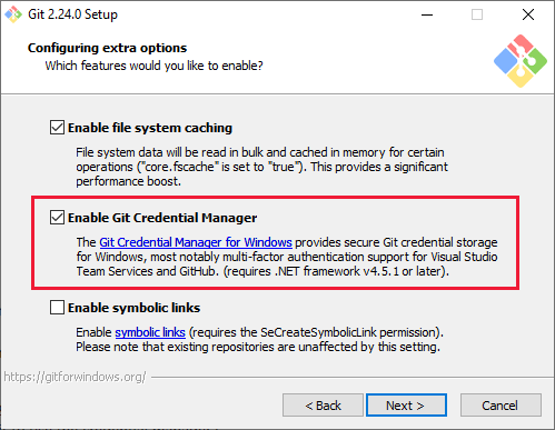 Seleccione Habilitar Administrador de credenciales de Git durante la instalación de Git para Windows