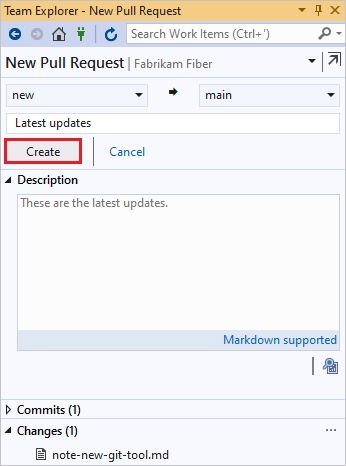Captura de pantalla de la creación de una nueva PR en Team Explorer de Visual Studio.