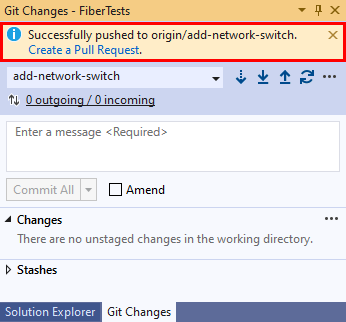 Captura de pantalla del mensaje de confirmación de envío de cambios en Visual Studio.