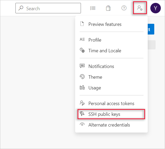 Screenshot that shows the SSH public keys menu item and the user avatar selected in Azure DevOps Services.