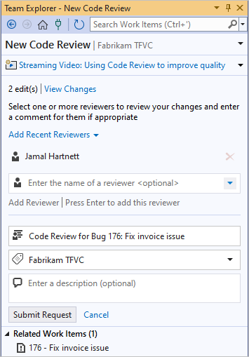 Captura de pantalla de la página Nueva revisión de código