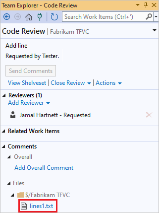 Captura de pantalla del vínculo de archivo en la página Revisión del código.