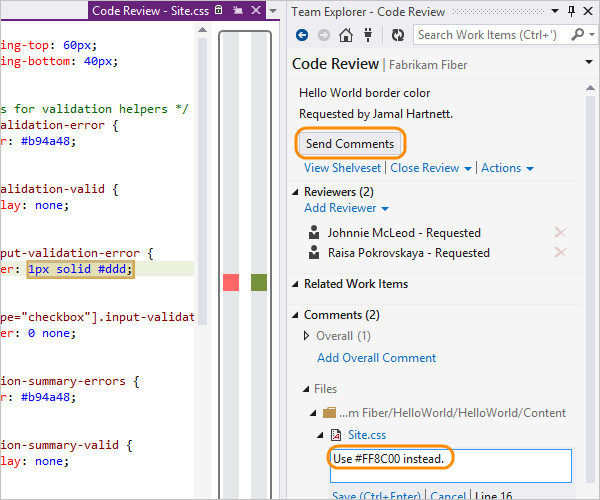 Comment added and sent using the send comments button in the code review page in Team Explorer