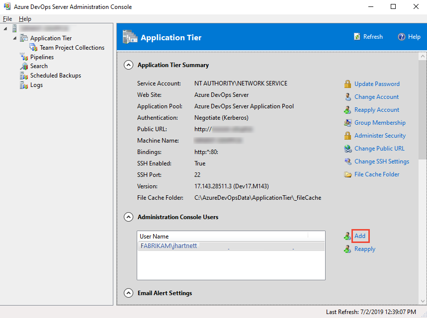 Screenshot of the 2019 Server Administration Console with the Add option highlighted.
