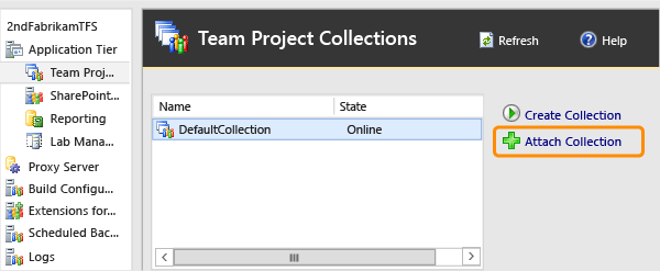 Consola de administración de TFS, Team Project Collections
