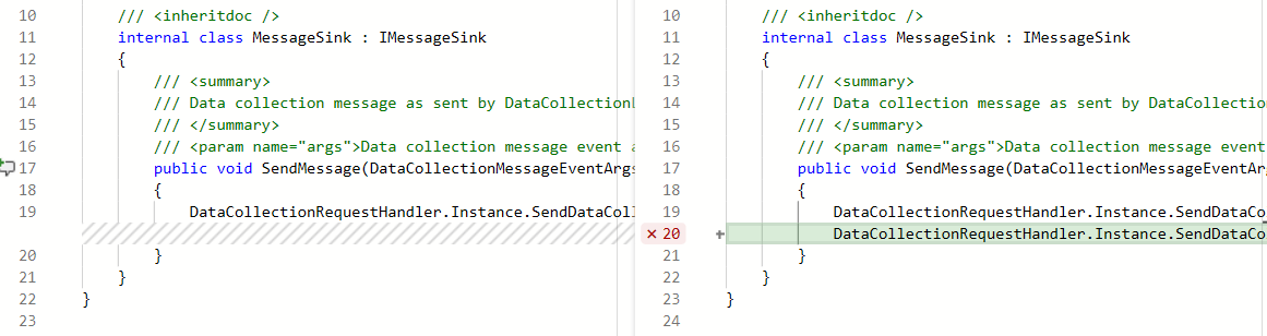 Captura de pantalla de una diferencia de solicitud de incorporación de cambios que muestra una nueva línea de código agregada a un archivo.