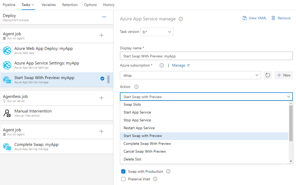 Captura de pantalla que muestra el cuadro de diálogo administrar Azure App Service con la nueva configuración de intercambio de varias fases en la lista desplegable Acción.